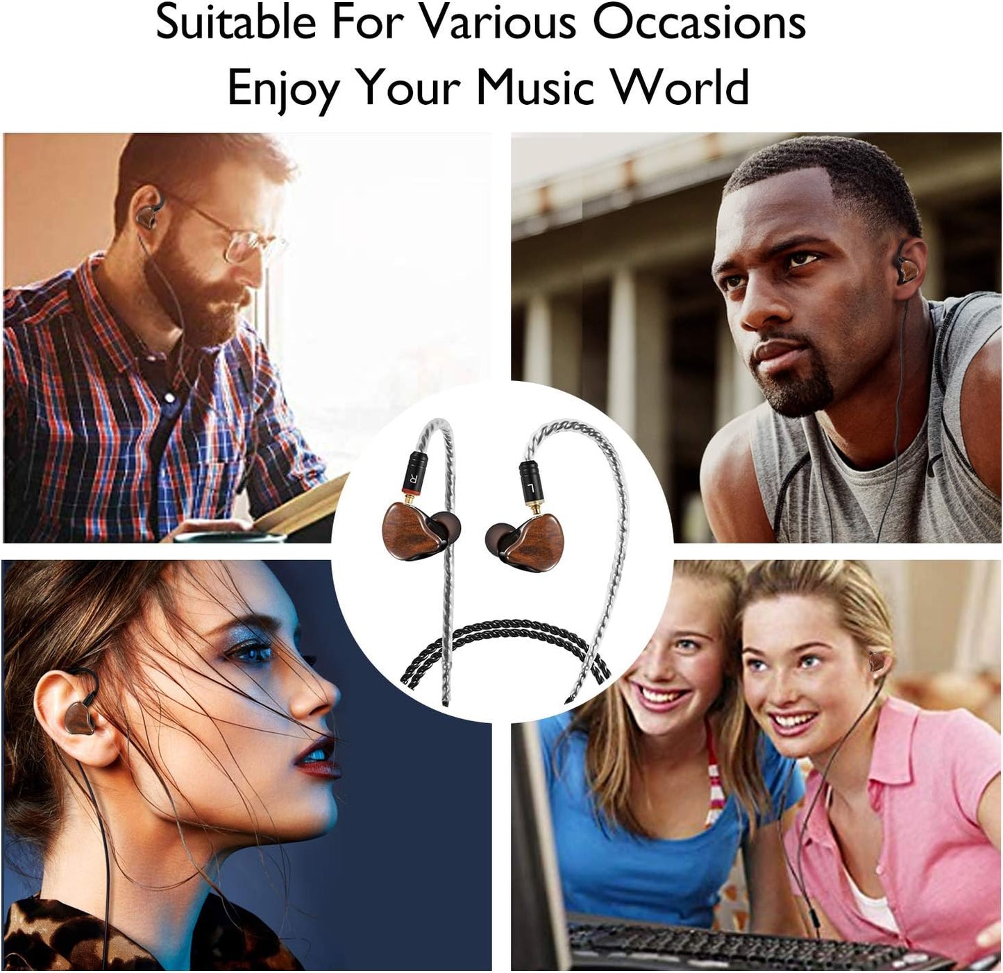 In-Ear Monitors Earbuds Wired Earphone Dual Drivers with MMCX Detachable Cables, Noise-Isolating Comfort Earbud for Musicians Sports Headphone Earphones (Wood Grain)