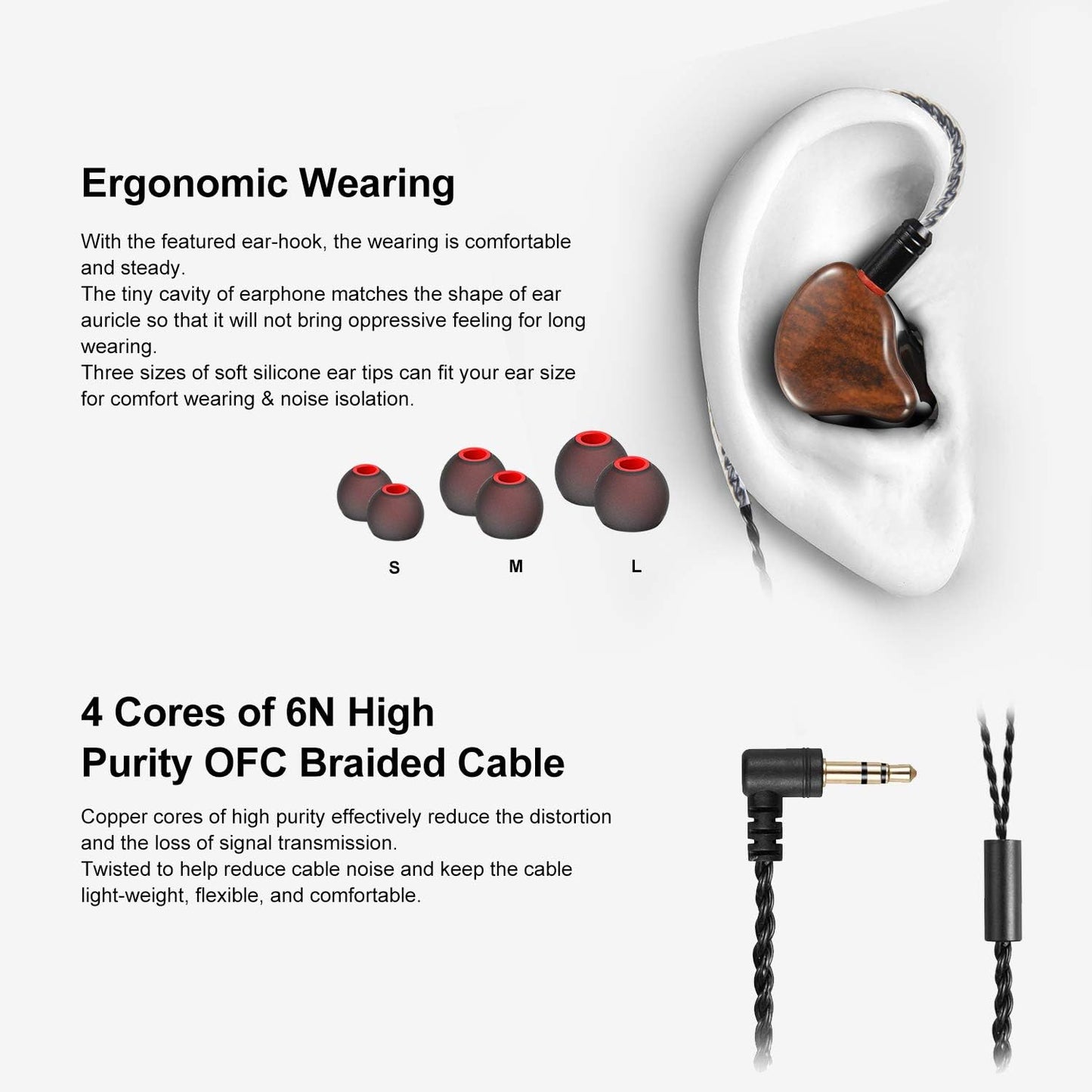 In-Ear Monitors Earbuds Wired Earphone Dual Drivers with MMCX Detachable Cables, Noise-Isolating Comfort Earbud for Musicians Sports Headphone Earphones (Wood Grain)